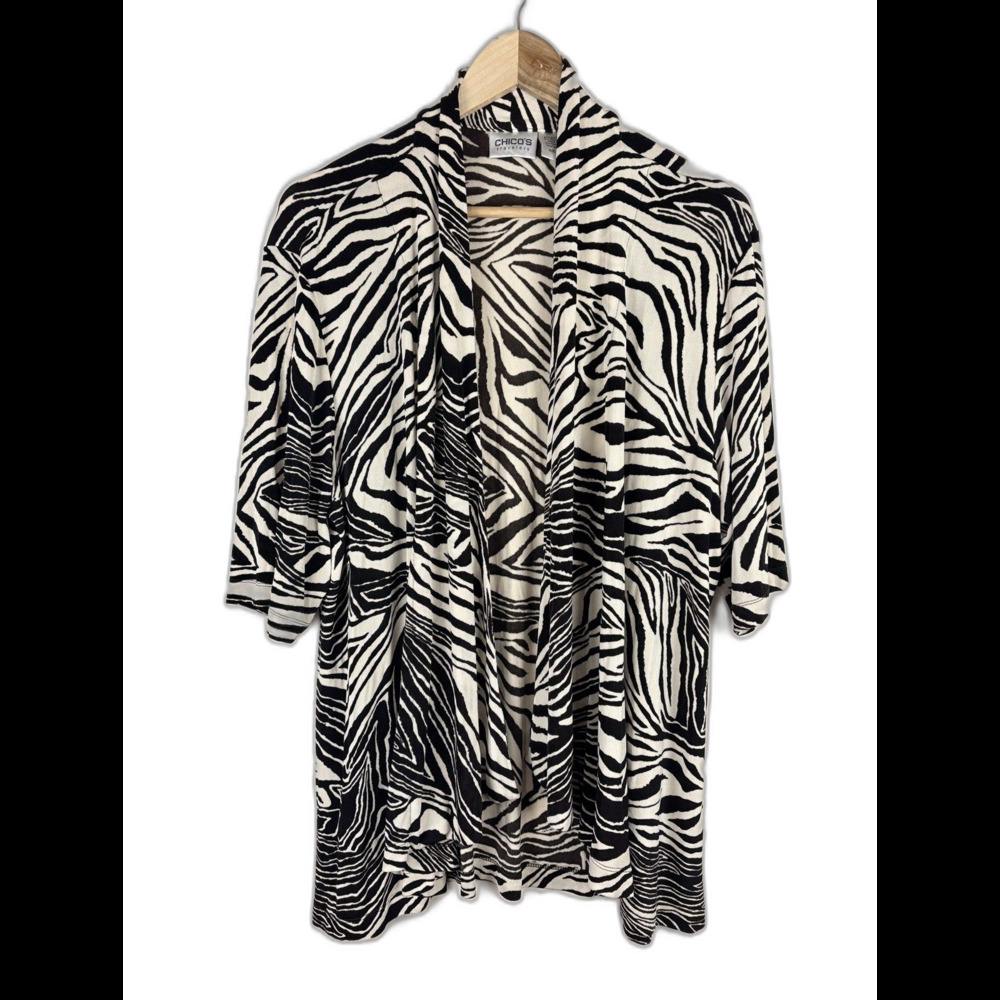 Chico's Travelers Zebra Print Open Front Kimono Jacket 3/4 Sleeve Size XL